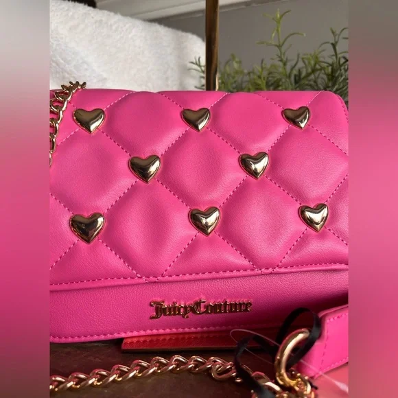 Juicy Couture Colorful Love Quilted Heart Stud Flap Crossbody Bag Pink NWT - Picture 3 of 6